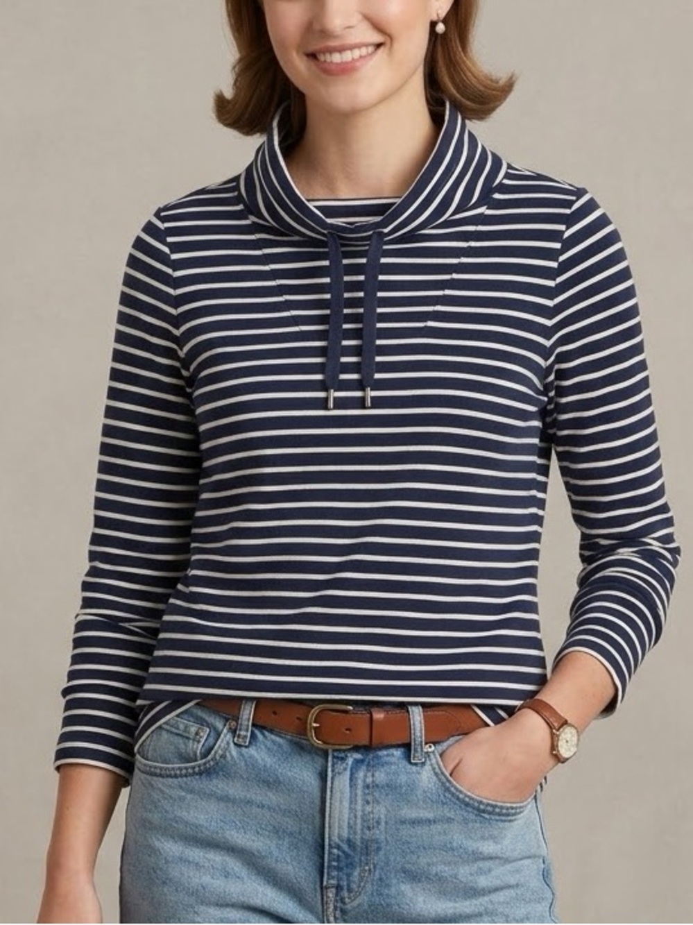 L.L. Bean Ultrasoft Funnelneck Pullover Navy White Stripe Cotton Medium Regular